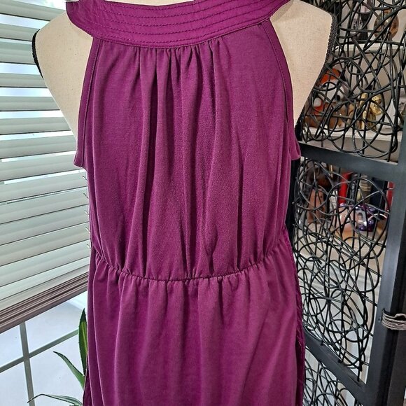 Ann Taylor Loft Size 6 Purple Sleeveless Ruffle Neck Tie Waist Dress EUC - Picture 9 of 13